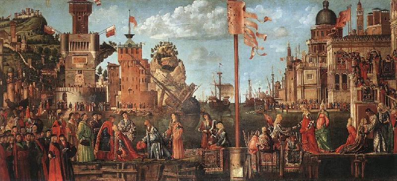 CARPACCIO, Vittore Meeting of the Betrothed Couple and the Departure of the Pilgrims oil painting image